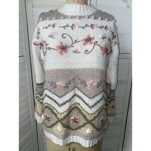 VINTAGE BP Design Cream Embroidered Floral Sweater Women’s 90s Y2K Small (med)